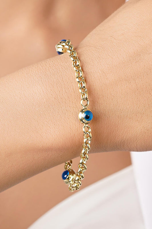 14K Gold Rolo Evil Eye Bracelet