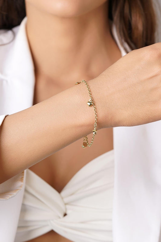 14K Gold Rolo Star & Heart Charm Bracelet