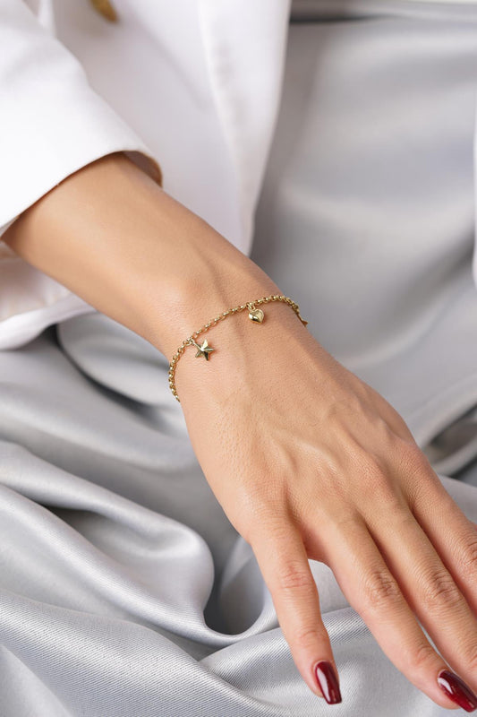14K Gold Rolo Star & Heart Charm Bracelet
