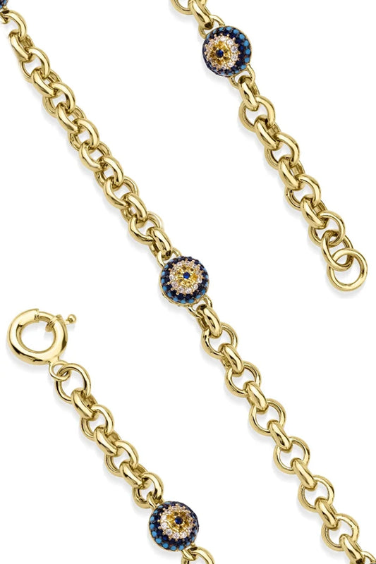 14K Gold Rolo Turquoise Evil Eye Bracelet