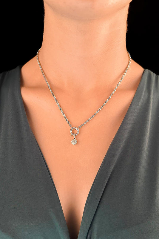 14K Gold Sailor Clasp Rope Chain Round Baguette Stone Necklace