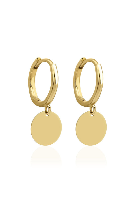 14K Gold Single Round Sequin Dangle Huggie Earrings