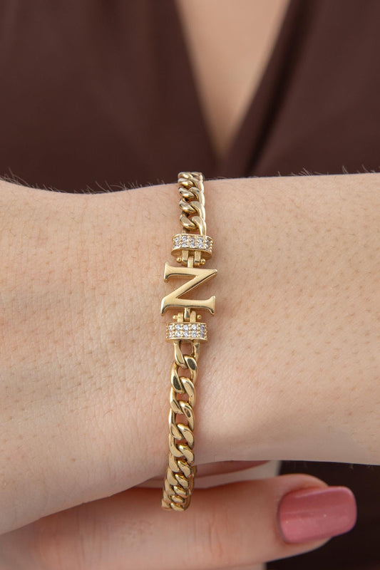 14K Gold Stone Personalized  N Initial Letter Bracelet