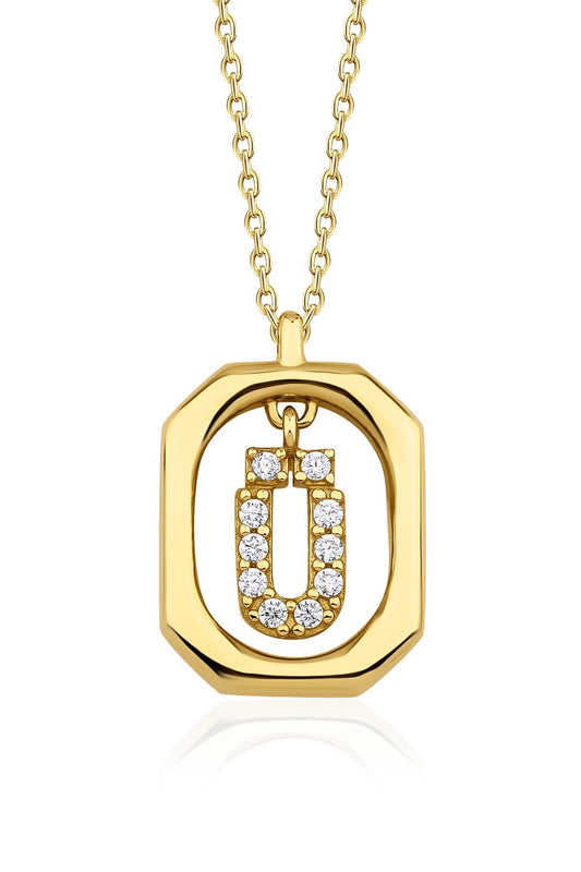 14K Gold Stone Ü Initial Necklace
