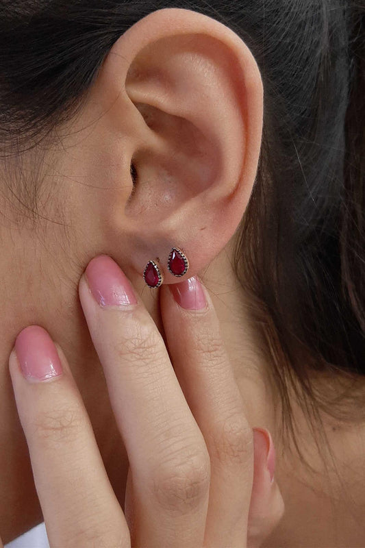 14K Gold Stud Ruby Stone Drop Shape Earrings