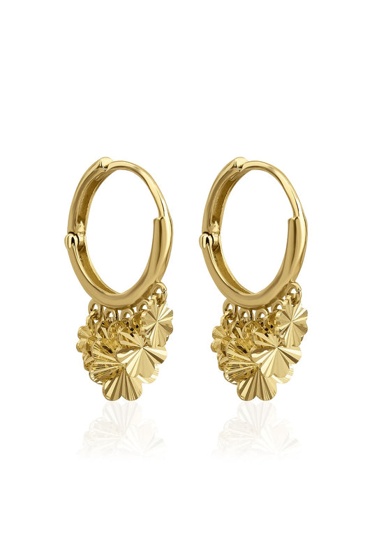 14K Gold SunBurst Four Leaf Clover Dangle Huggie Earrings