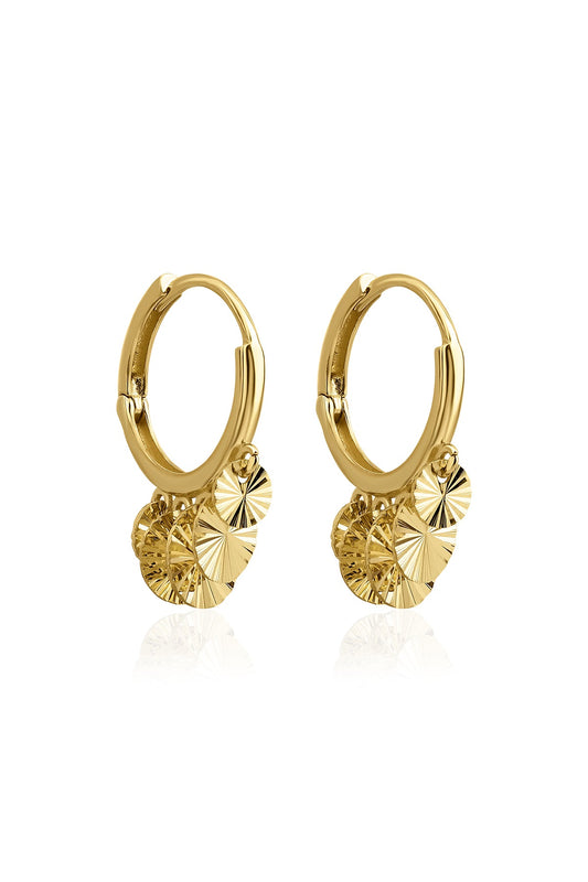 14K Gold Sunburst Round Sequin Dangle Huggie Earrings