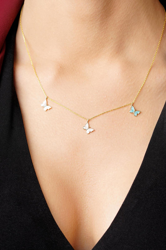 14K Gold Triple Enamel Butterflies Necklace