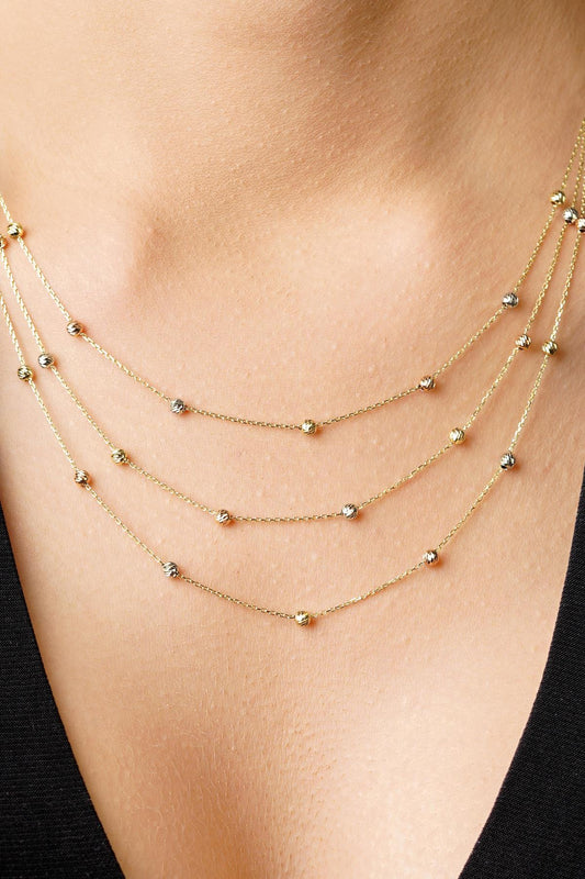 14K Gold Triple Layer Dıamond Cut Ball Necklace