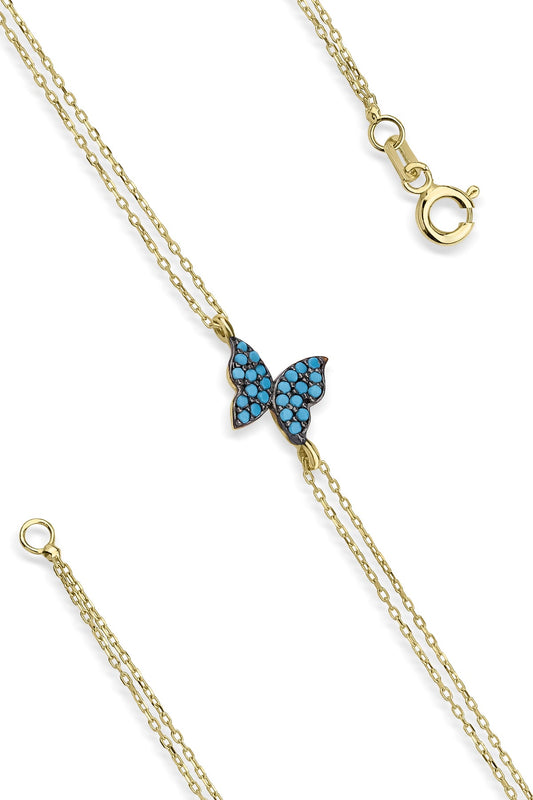 14K Gold Turquoise Stone Butterfly Shape Bracelet