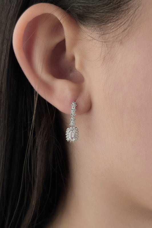 14K Gold White Baguette Stone Drop Earrings