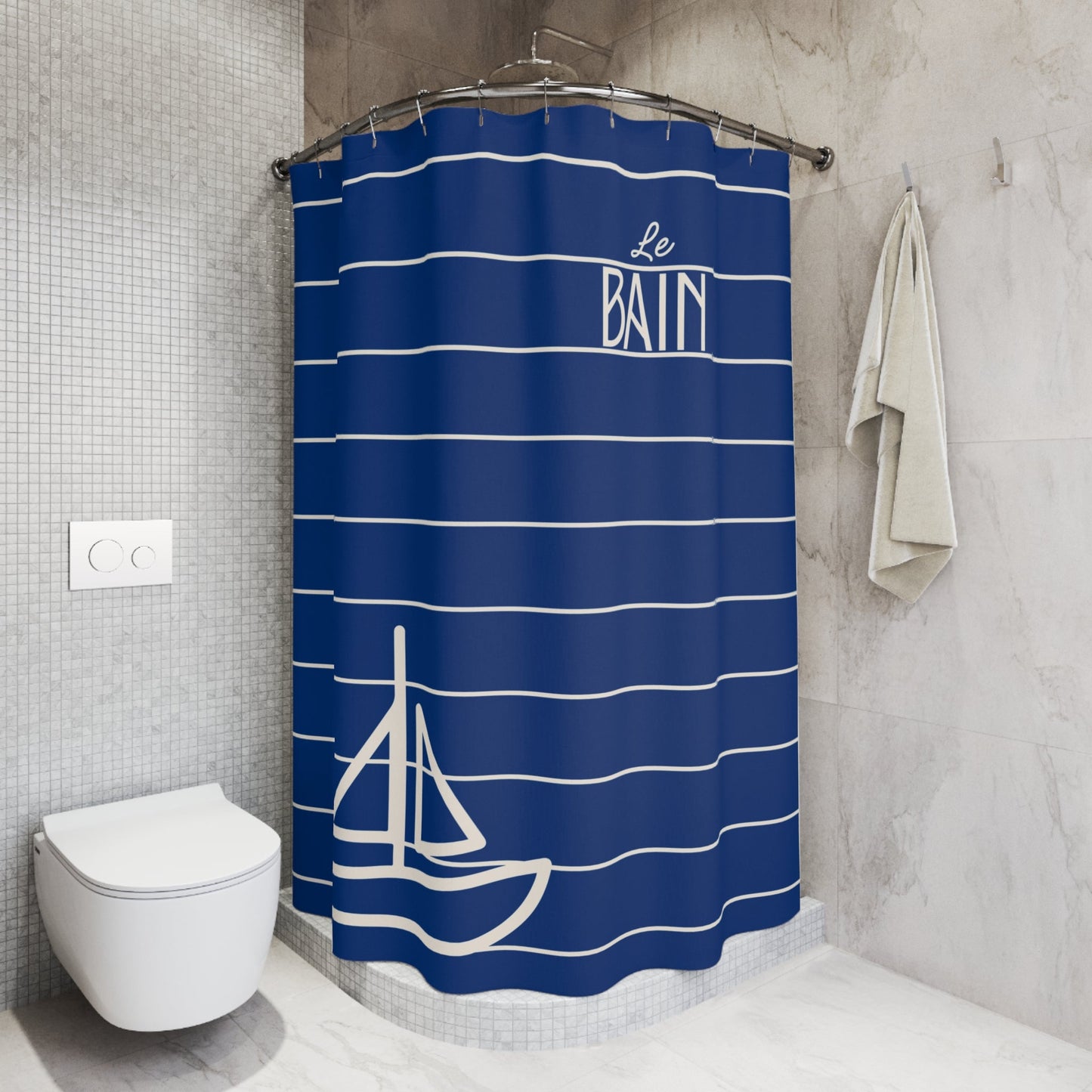 Nautical Blue 'Le Bain' Shower Curtain — Striped Sailboat Bathroom Decor