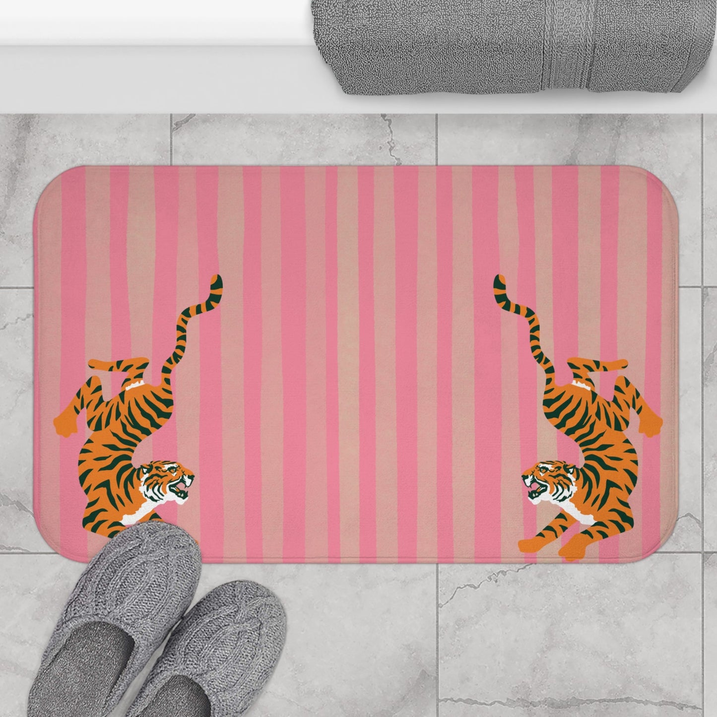 Fiercely Feminine Bath Mat - Pink Striped  Rug with Tigers