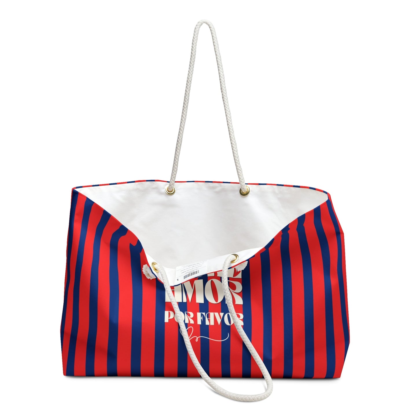 Striped Weekender Bag — "More Amor Por Favor" Red & Navy Beach Tote