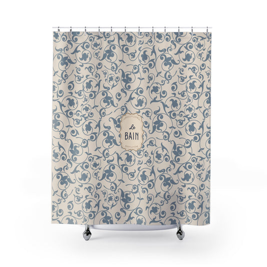 French 'Le Bain' Elegant Floral Shower Curtain | Neutral Beige Vintage Bath