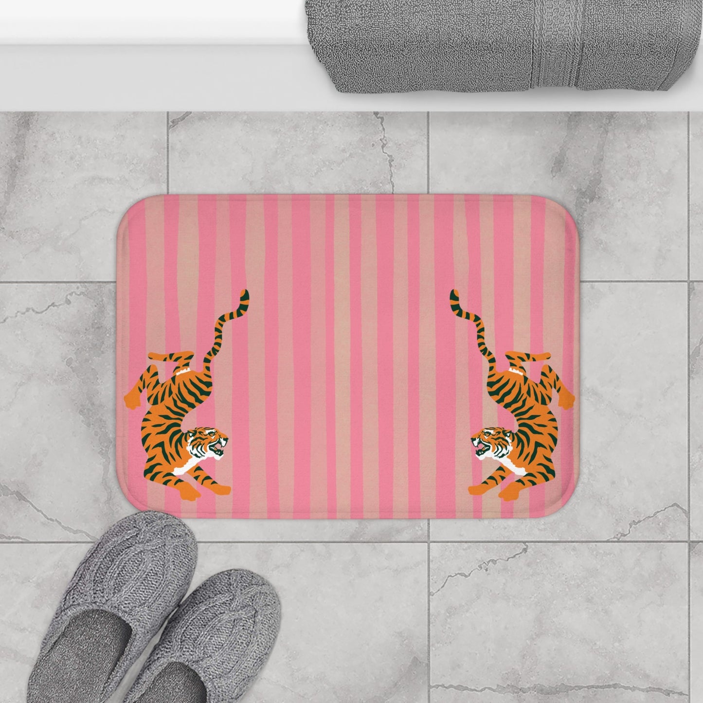 Fiercely Feminine Bath Mat - Pink Striped  Rug with Tigers