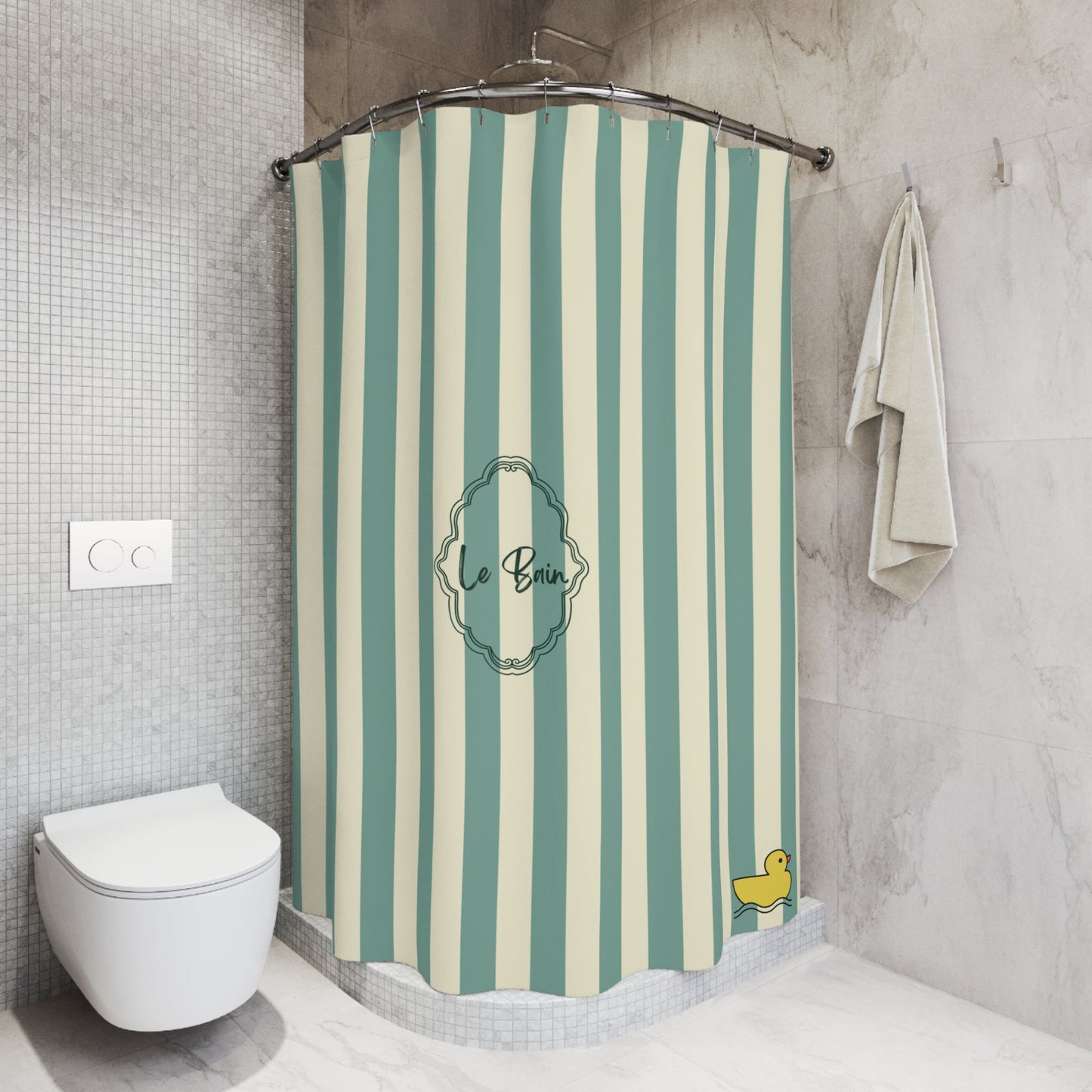 Striped Green/Cream Shower Curtain with Duck "Le Bain"  — French Kids Bathroom Decor