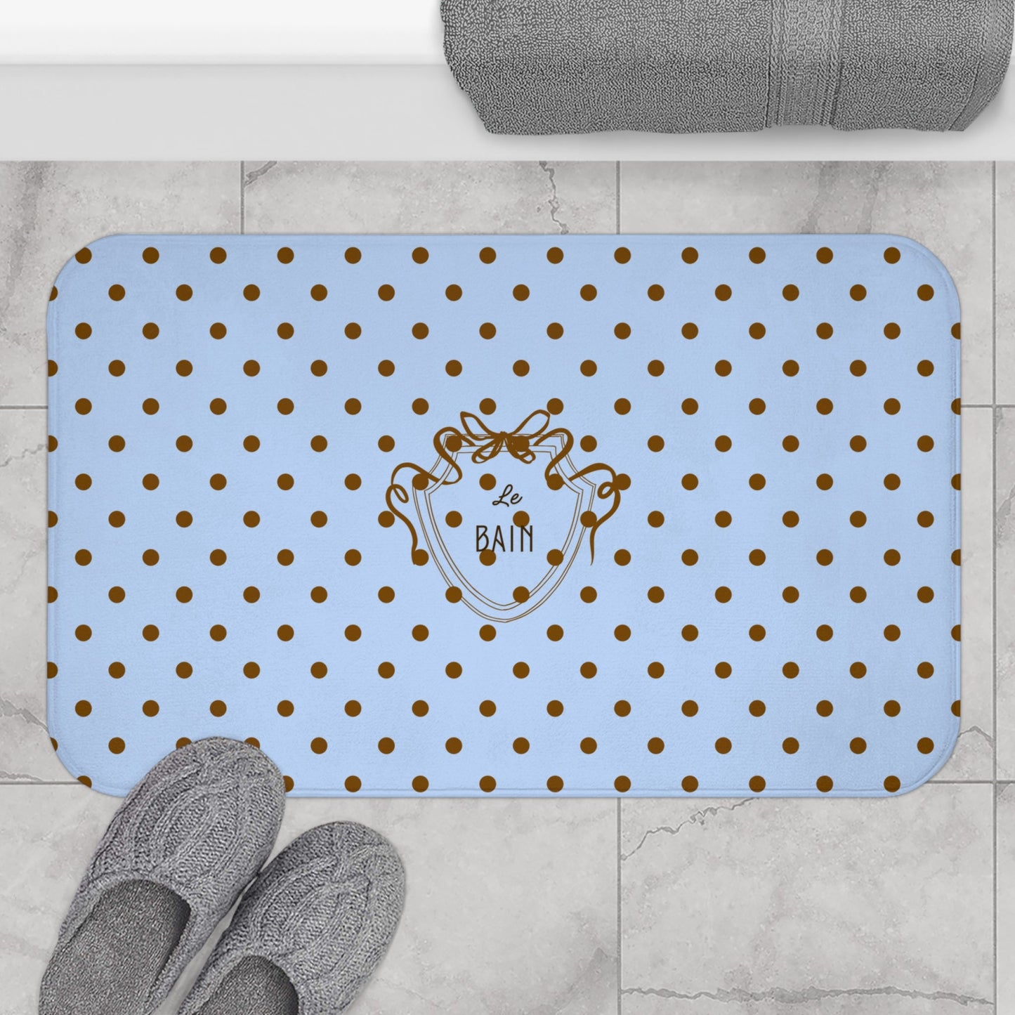 Polka Dot "Le Bain" Bath Mat — Pastel Blue & Brown Bathroom Rug