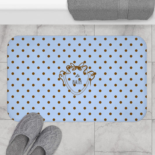 Polka Dot "Le Bain" Bath Mat — Pastel Blue & Brown Bathroom Rug