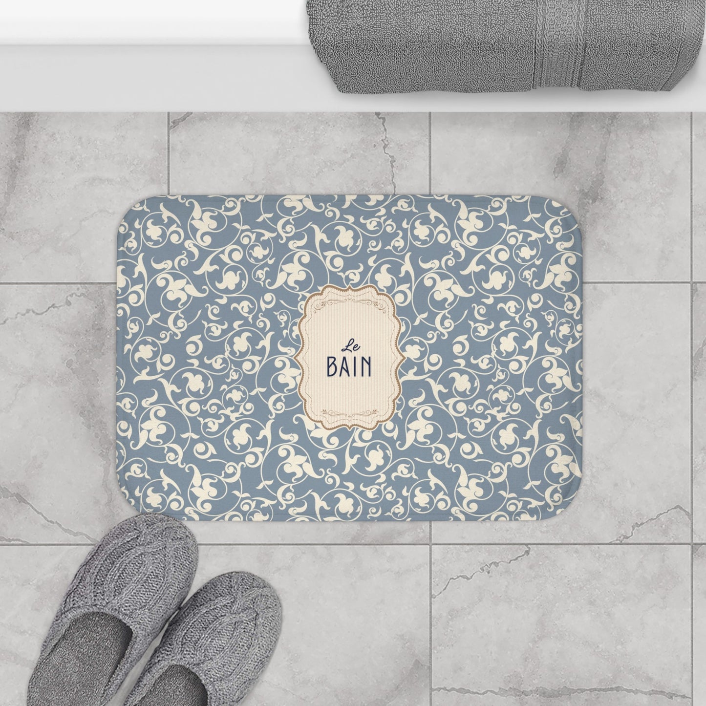 Le Bain Vintage Floral Bath Mat, Grey-Blue Pattern