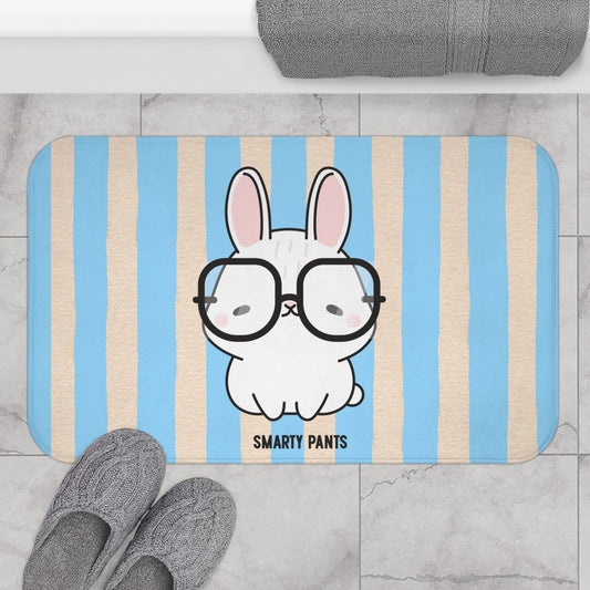 Cute Bunny "Smarty Pants" Bath Mat — Blue Striped Bathroom Rug for Kids & Nursery