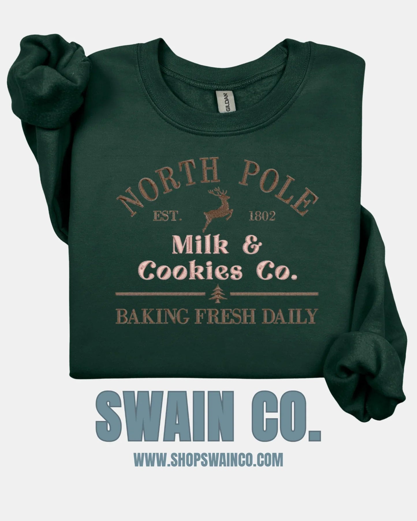 North Pole Milk & Cookies Embroidered Christmas Sweatshirt | Holiday Baking Crewneck | Fresh Baked Daily Embroidery | Cozy Christmas Gift for Her