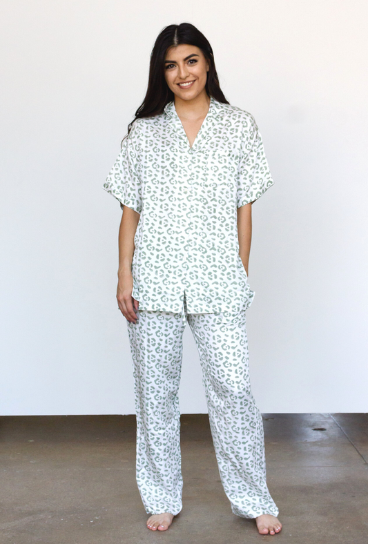 Leopard Pajama Modal Set in Cream + Sage
