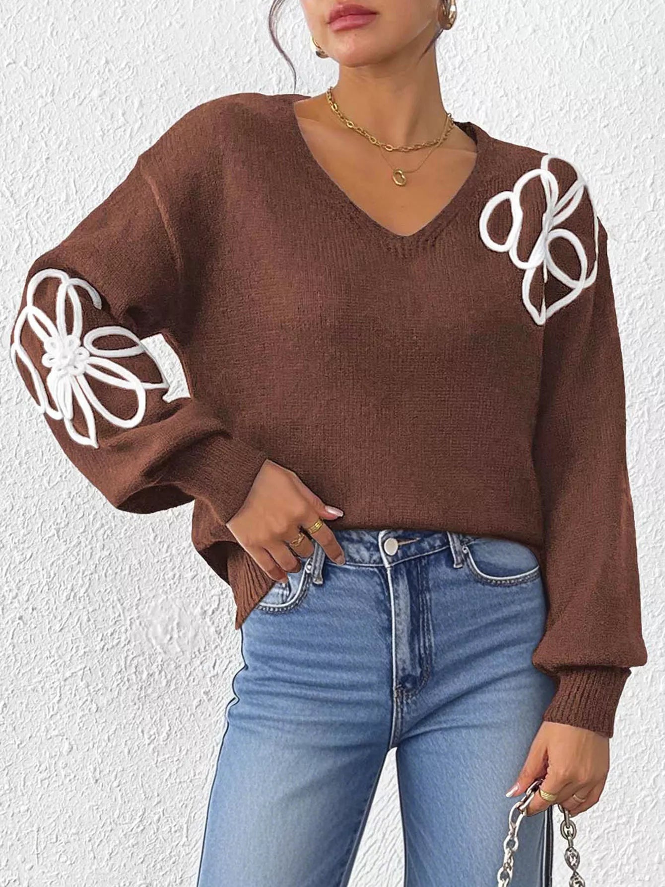 Flower V-Neck Long Sleeve Sweater