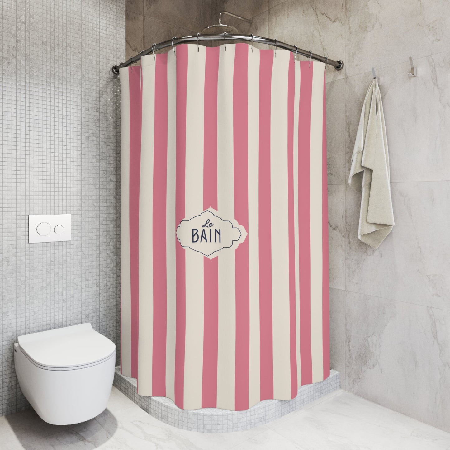 Shower Curtain — Pink Striped French 'Le Bain' Bathroom Decor