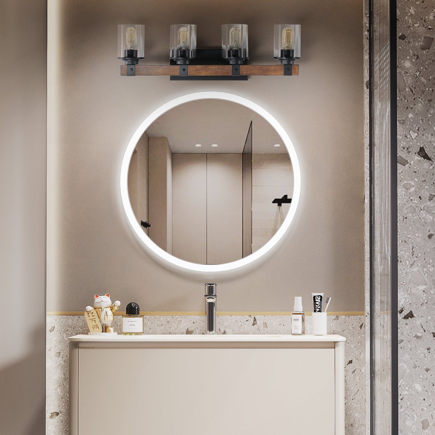 27" 4-Light Modern Farmhouse Bathroom Wall Sconce with Wood Accent