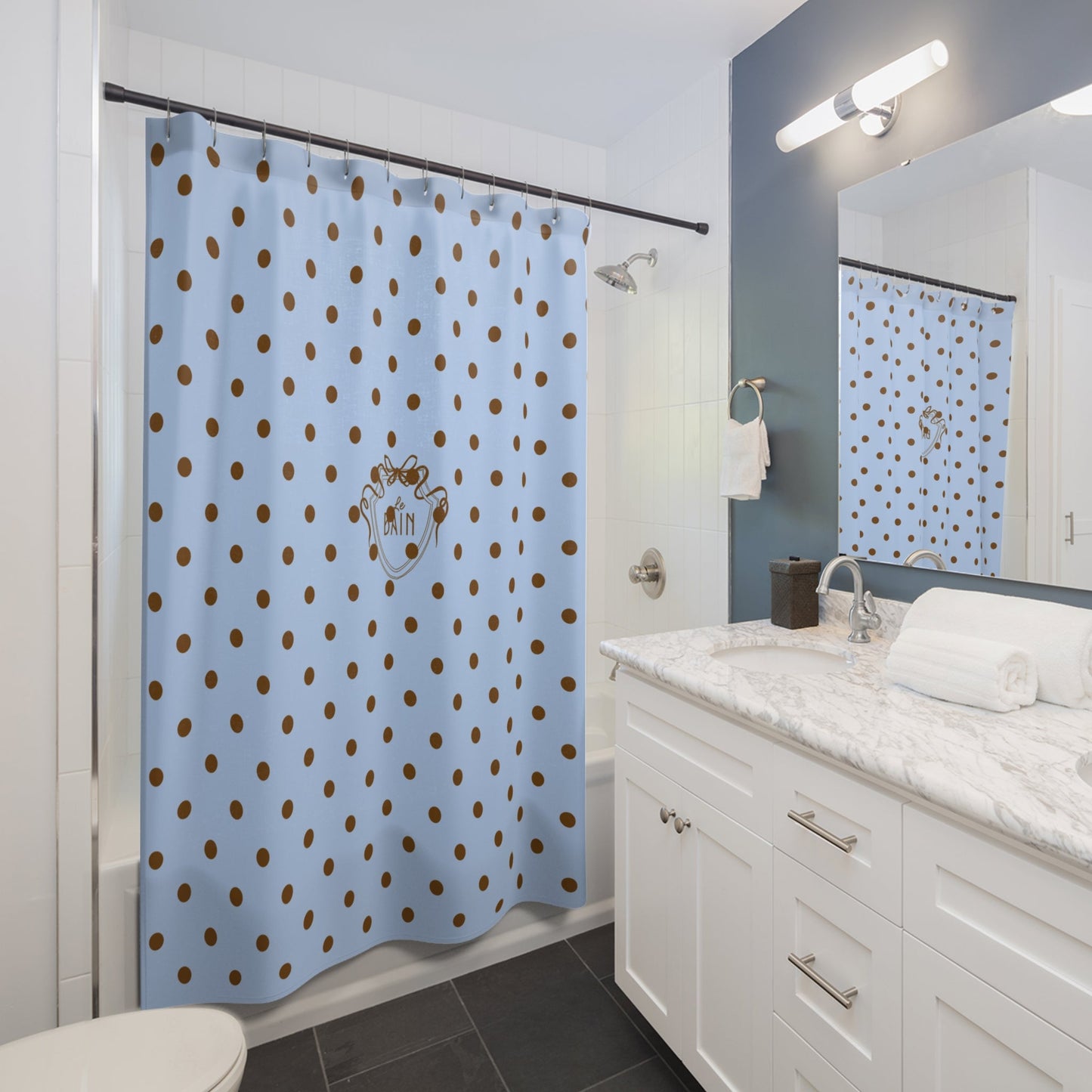 Polka Dot 'Le Bain' Shower Curtain – Pastel Blue & Brown Bathroom Decor