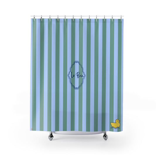 Striped Blue/Green Shower Curtain with Duck "Le Bain"  — French Kids Bathroom Decor