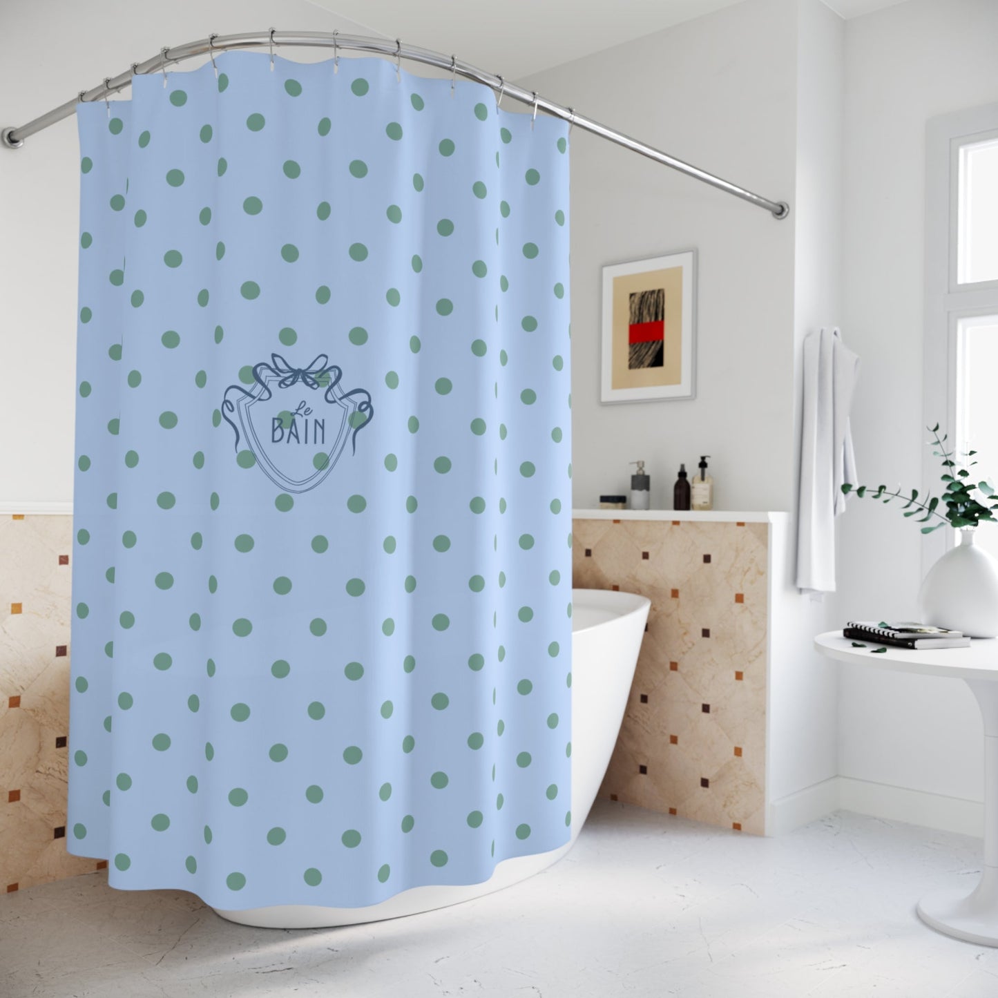 Polka Dot 'Le Bain' Shower Curtain – Pastel Blue & Green Bathroom Decor