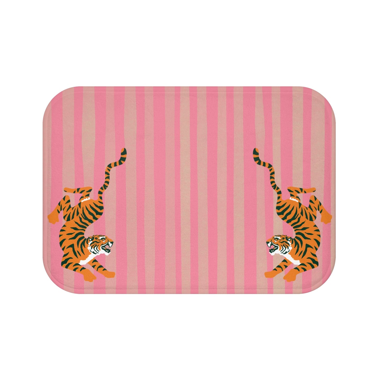 Fiercely Feminine Bath Mat - Pink Striped  Rug with Tigers