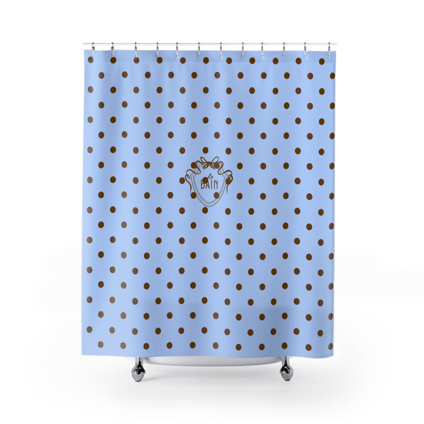 Polka Dot 'Le Bain' Shower Curtain – Pastel Blue & Brown Bathroom Decor