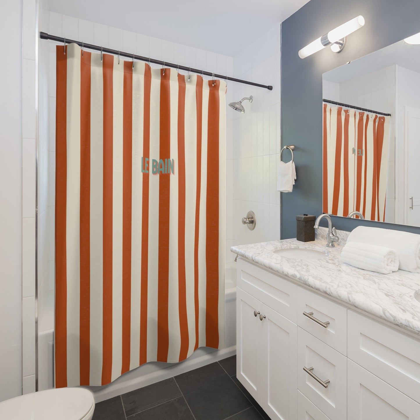 Striped 'Le Bain' Shower Curtain – Terracotta & Cream Bathroom Decor