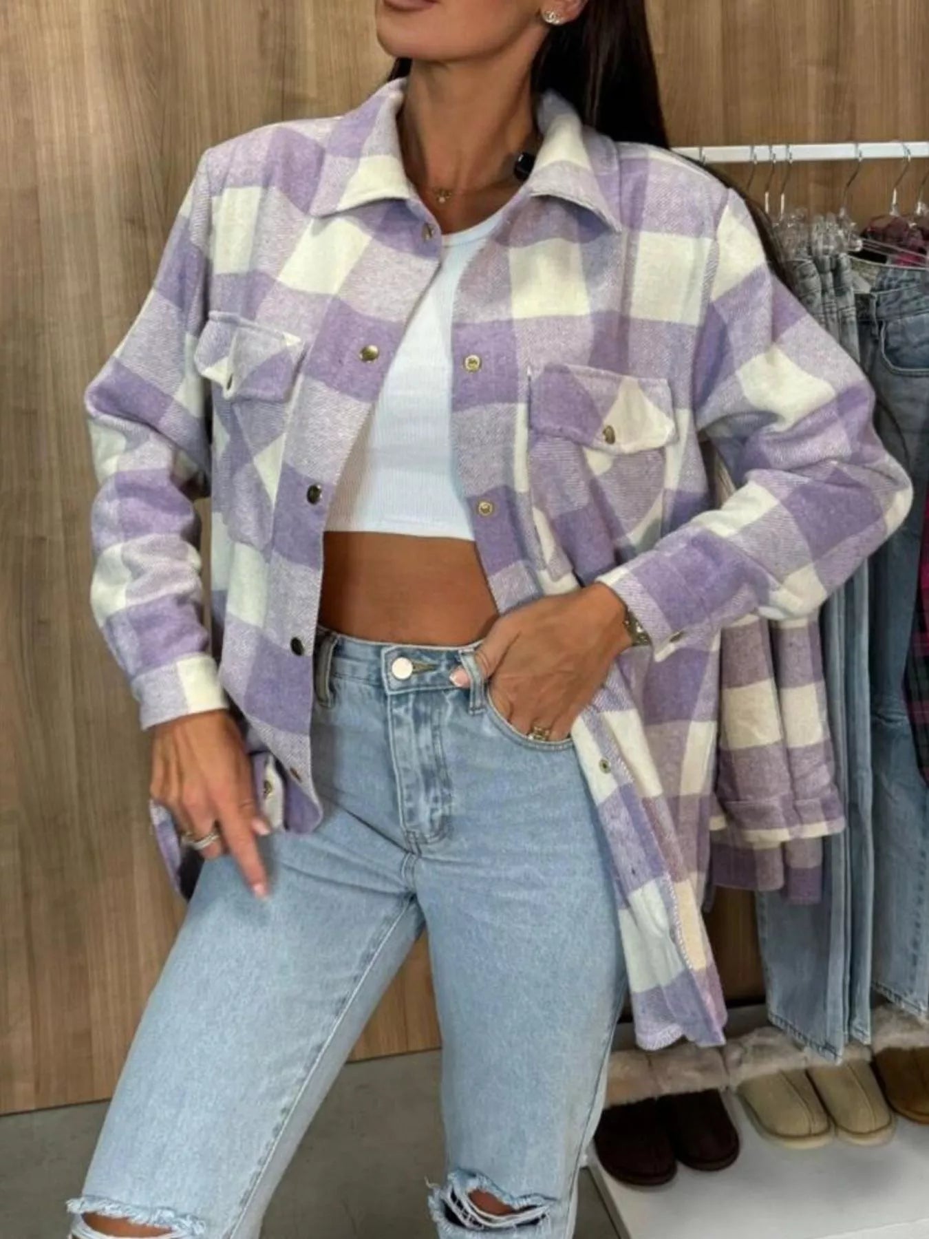 Plaid Button-Down Long Sleeve Shacket