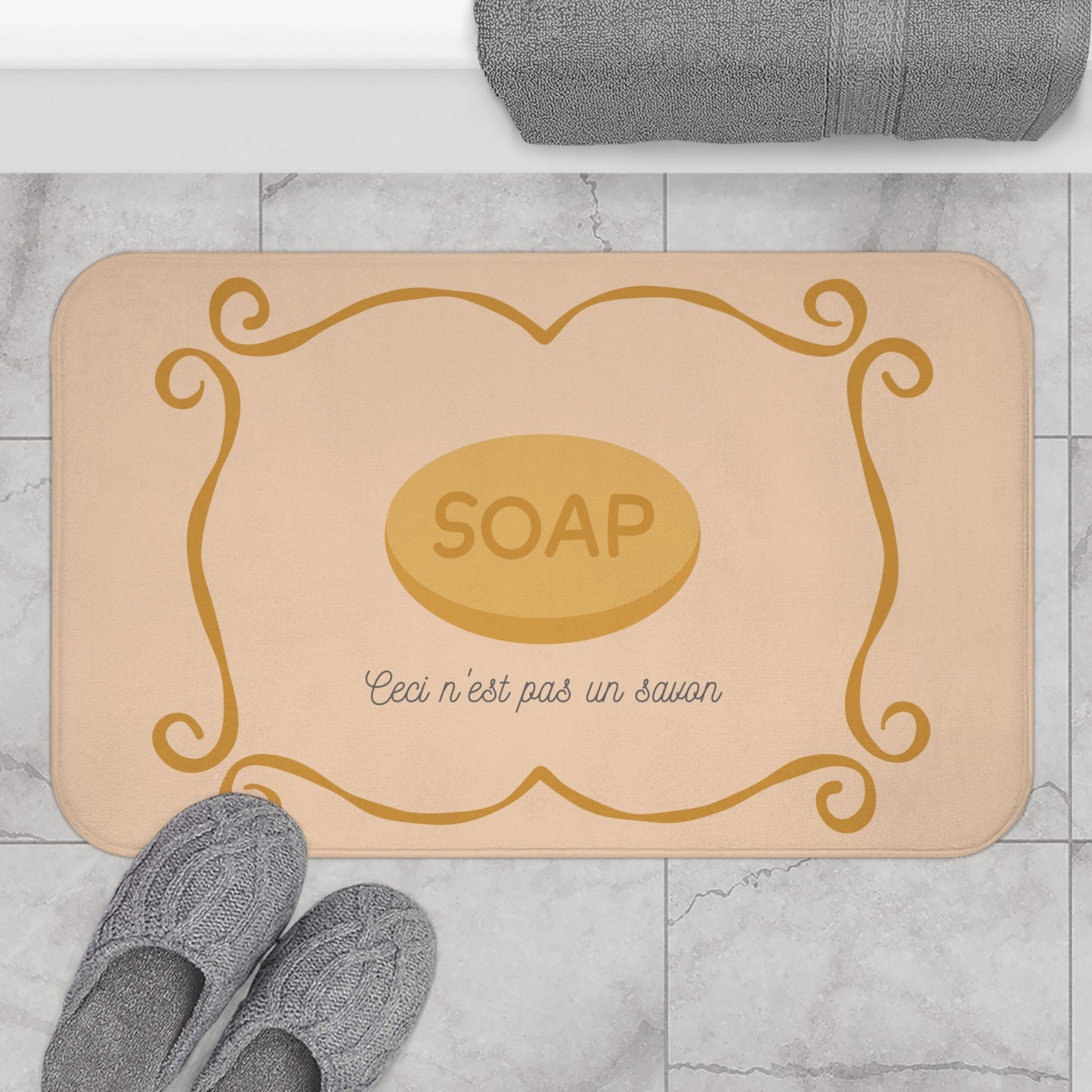 René Magritte 'Ceci n'est pas un savon' Bath Mat, Light ORANGE  | Artistic Bathroom