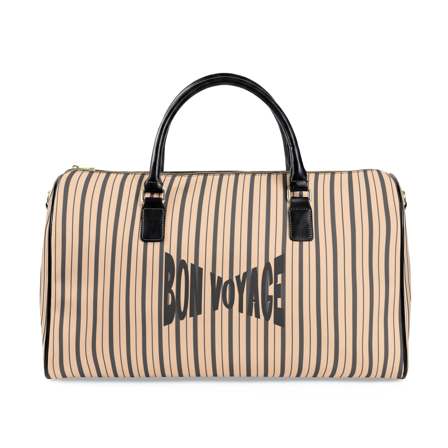 Modern Preppy Leather Travel Bag, BON VOYAGE – Grey/Tan Striped Weekender Duffle