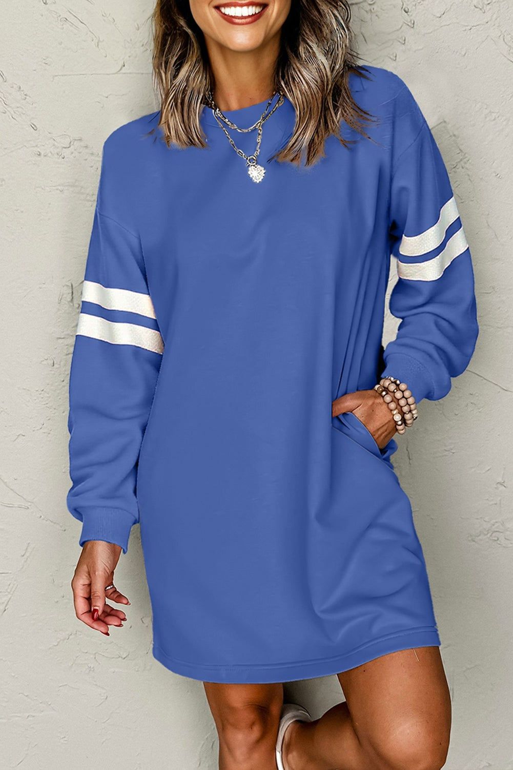 Fiery Red Varsity Contrast Banded Sleeve Shift Sweatshirt Dress