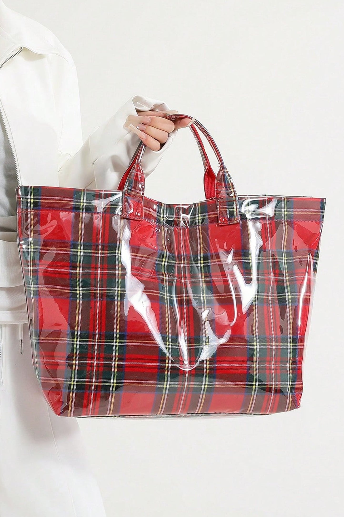 Fiery Red Plaid Pattern PVC Glossy Waterproof Tote Bag
