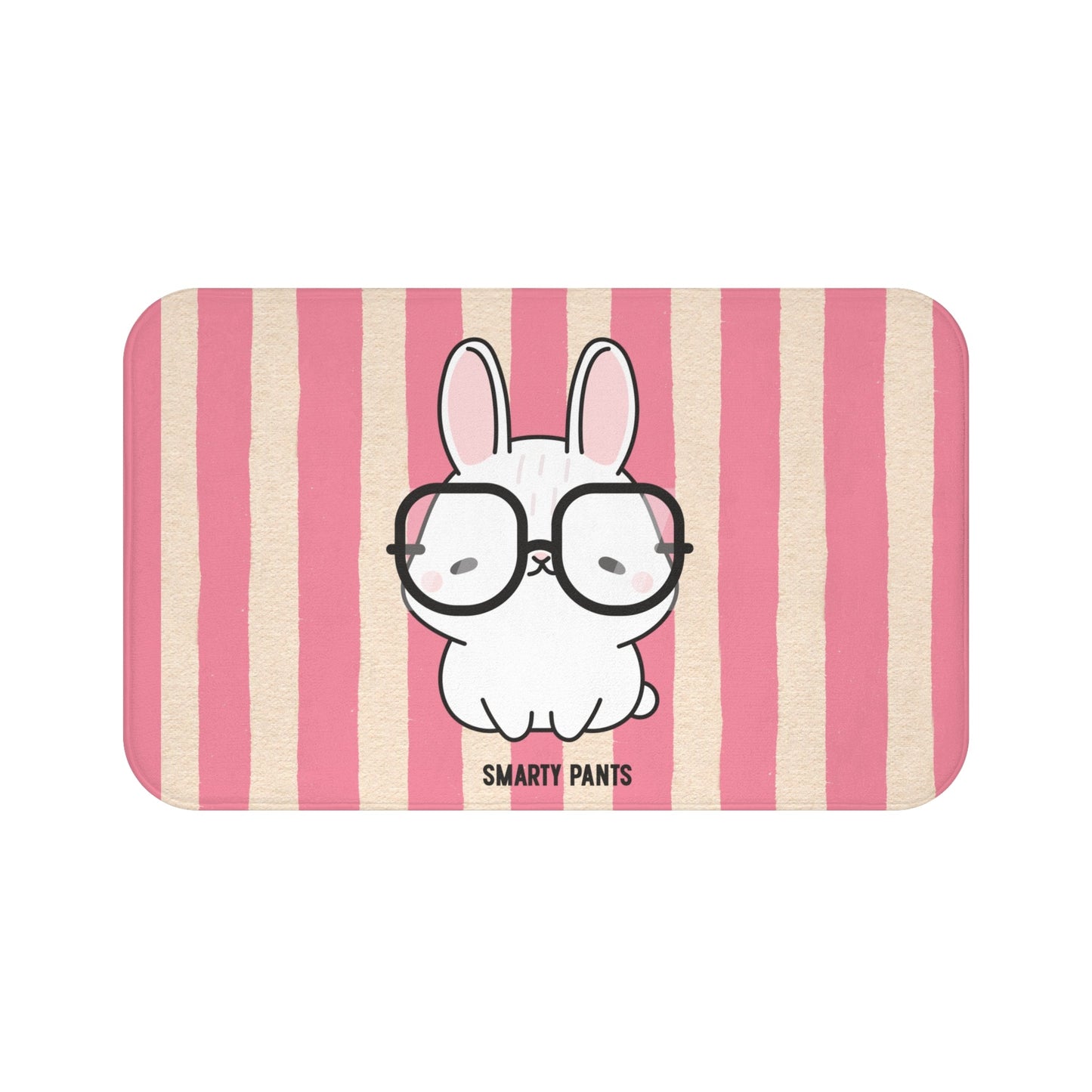 Cute Bunny "Smarty Pants" Bath Mat — PINK Striped Bathroom Rug for Kids & Nursery