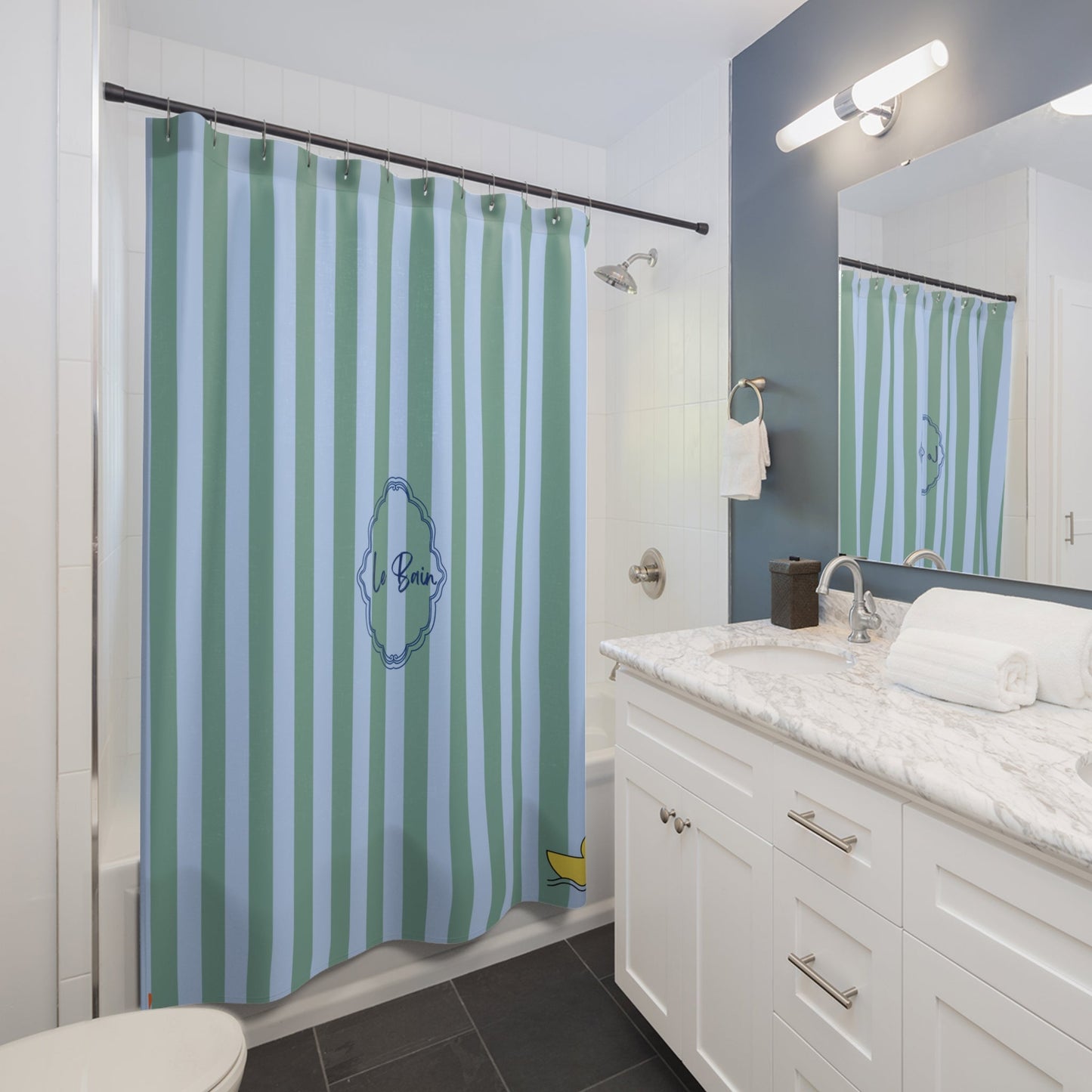 Striped Blue/Green Shower Curtain with Duck "Le Bain"  — French Kids Bathroom Decor