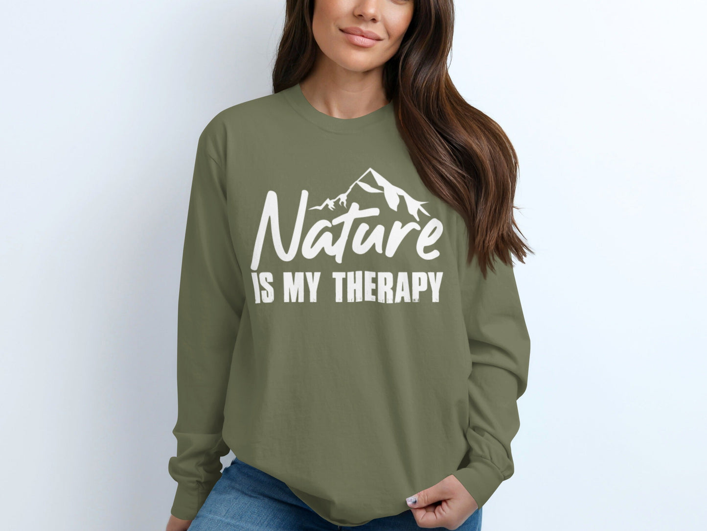 Nature Is My Therapy Mountain Graphic Text Long Sleeve T-Shirt