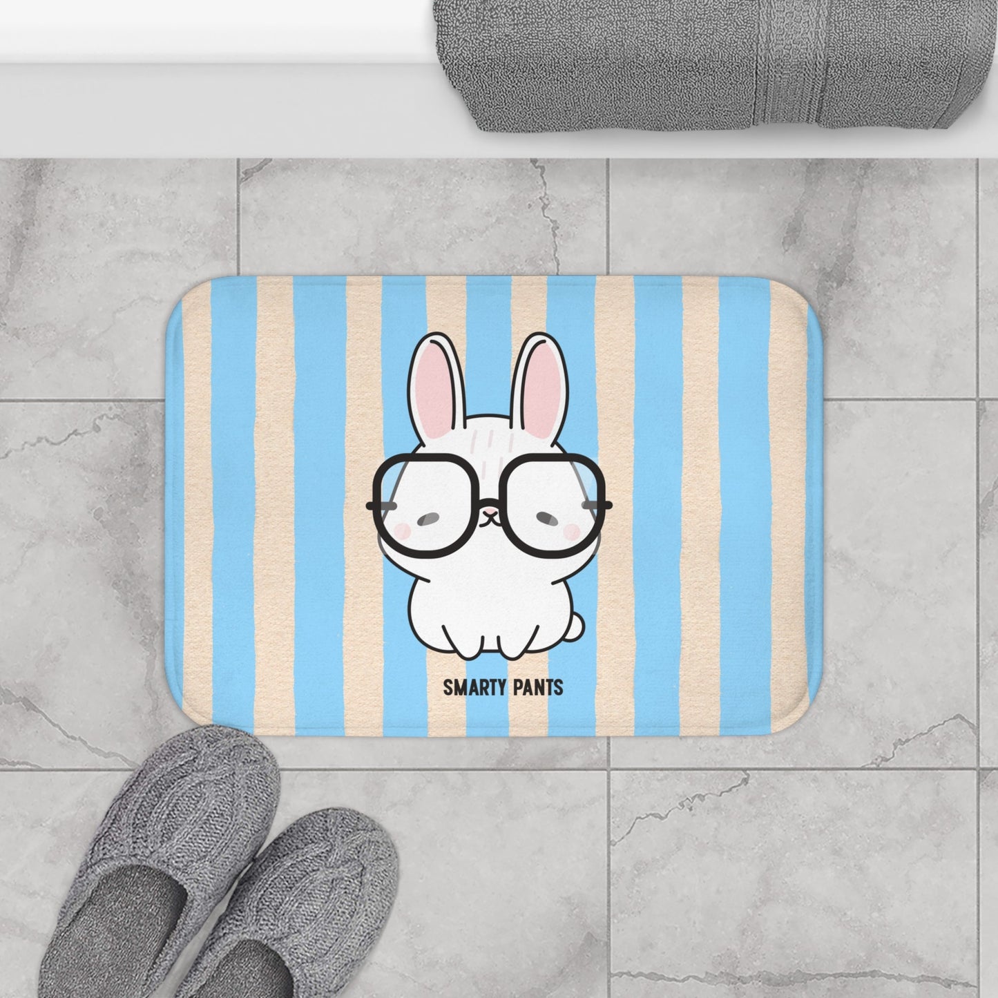 Cute Bunny "Smarty Pants" Bath Mat — Blue Striped Bathroom Rug for Kids & Nursery