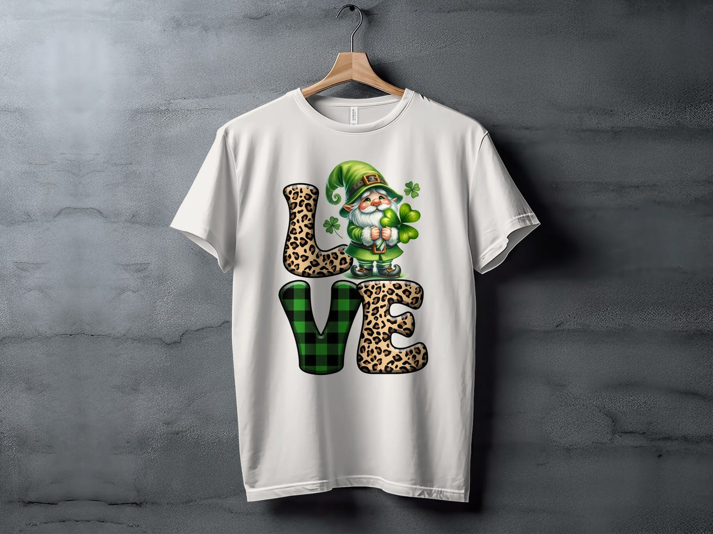 St Patricks Day Gnome T-Shirts, Leopard Print LOVE, Lucky Clover T-Shirts, Irish T-Shirts, Green Plaid T-Shirts, Unique St Paddys Day