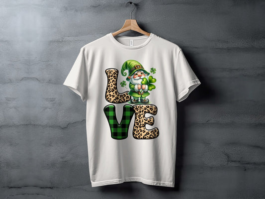 St Patricks Day Gnome T-Shirts, Leopard Print LOVE, Lucky Clover T-Shirts, Irish T-Shirts, Green Plaid T-Shirts, Unique St Paddys Day