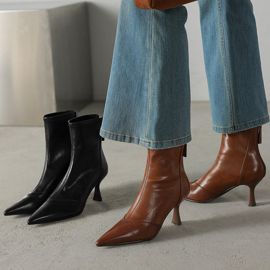 Women’s Cowhide Pointed Toe Stiletto Ankle Boots – Back Zipper High Heel Booties