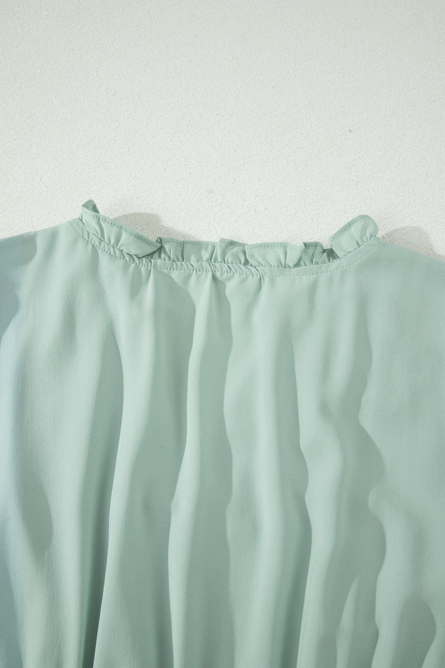 Clearly Aqua Solid Color V Neck Short Puff Sleeve High Waist Tiered Maxi Dress