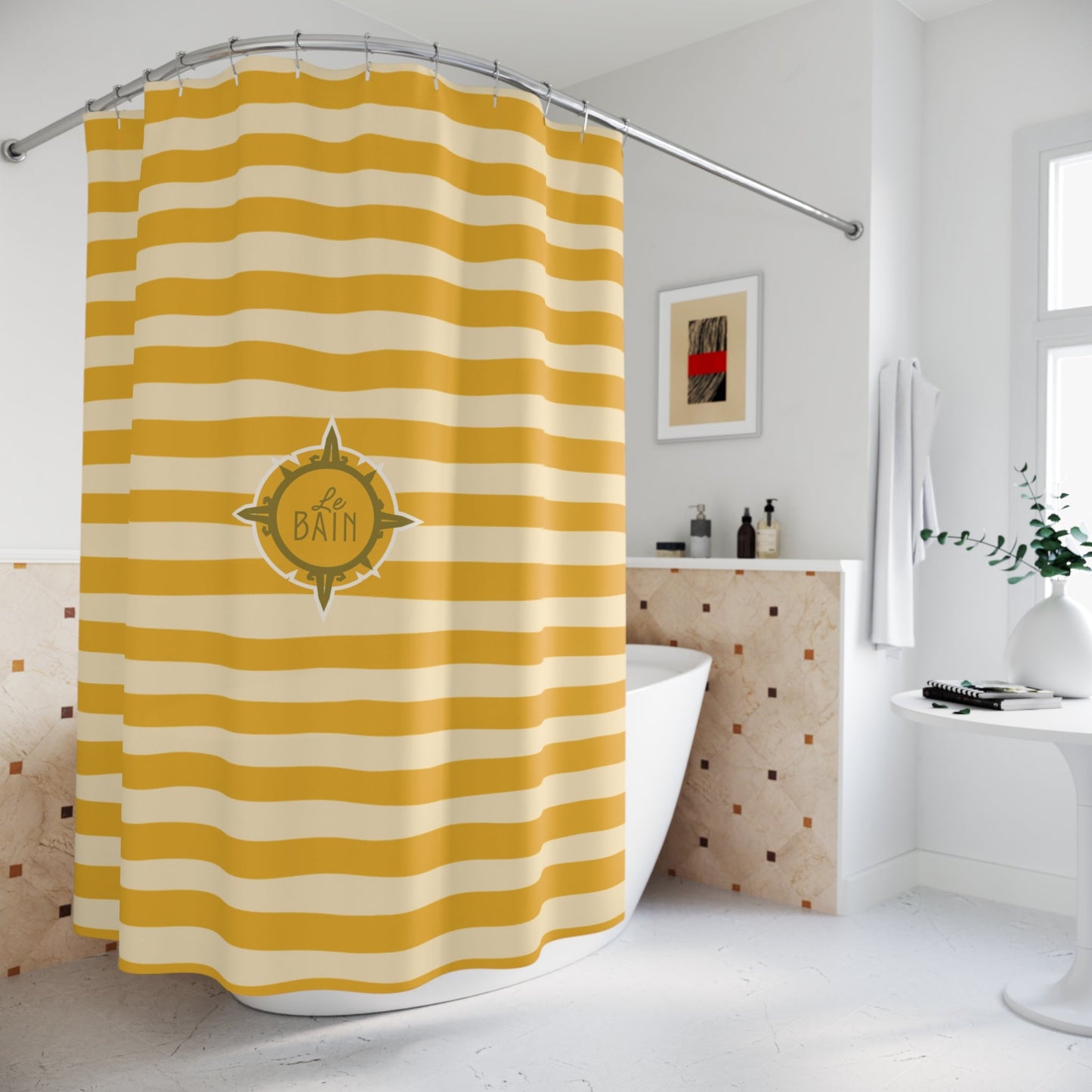 Striped Yellow Shower Curtain – 'Le Bain' French Bathroom Accent
